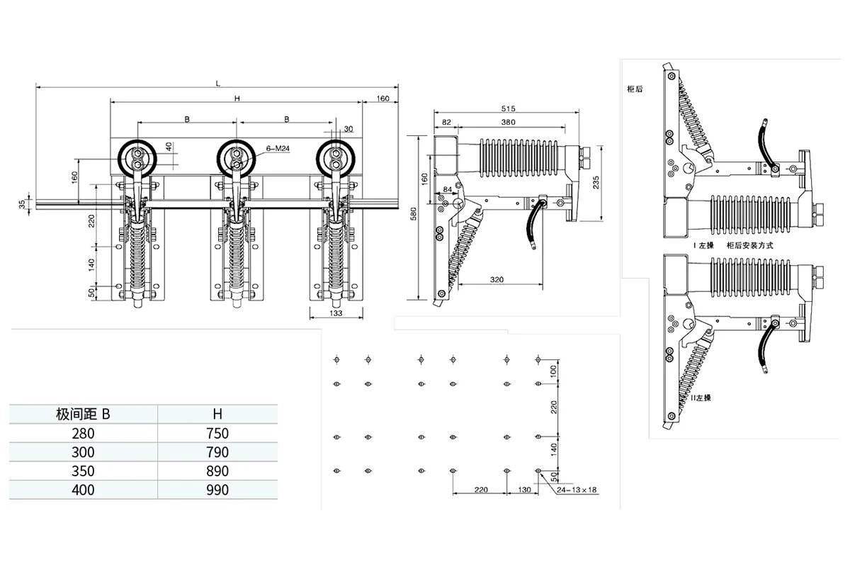 JN22-40.5 மண் இணைப்பு சுவிட்ச் கட்டம் இடைவெளி மற்றும் புற அளவுகள்