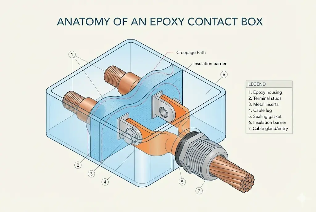 Epoxy contact box anatomy diagram showing resin housing, terminal studs, gasket sealing, and cable entry points