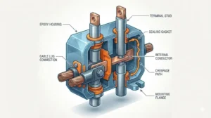 Feature illustration of an epoxy contact box showing insulated terminals, sealing, and key components