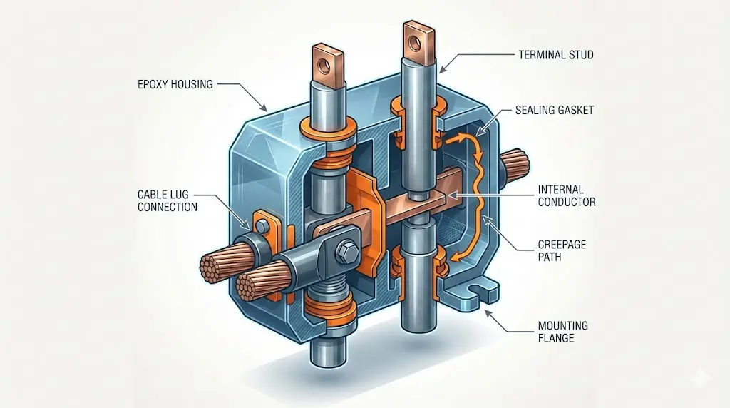 Feature illustration of an epoxy contact box showing insulated terminals, sealing, and key components