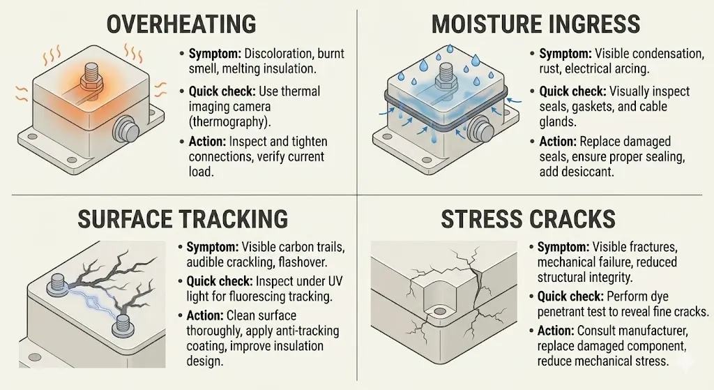 Infographic showing common epoxy contact box failures: overheated terminal, moisture ingress, surface tracking, stress cracks, with quick checks and corrective actions