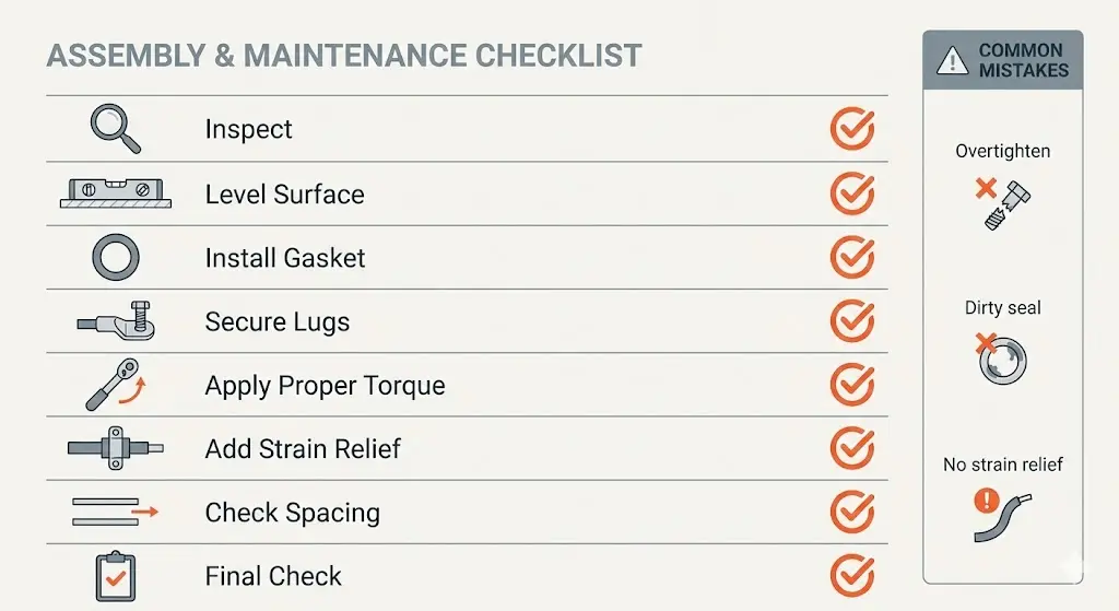 Checklist-style infographic for epoxy contact box installation: inspect housing, prepare surface, seal cable entry, terminate lugs, torque, strain relief, final inspection