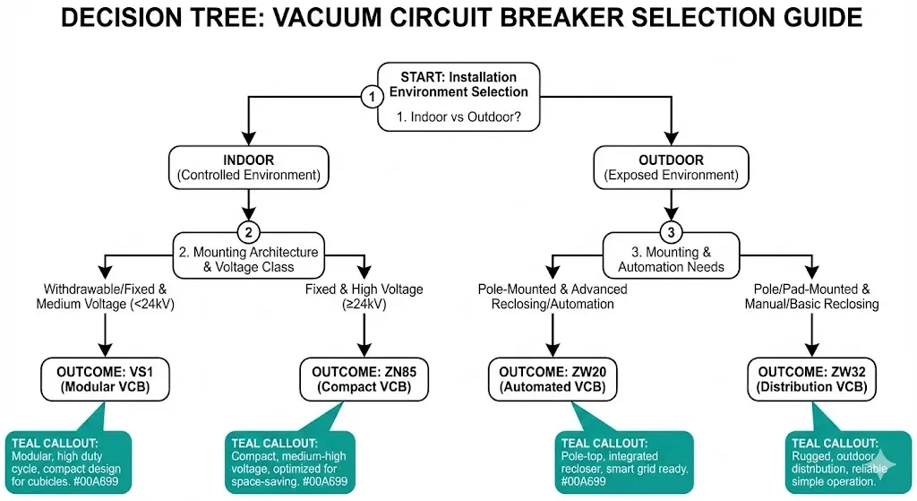 مخطط تدفق القرار لاختيار VS1/ZN85 أو ZW20/ZW32 بناءً على البيئة واحتياجات التكامل