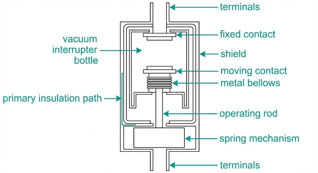 VCB-Schnittbild mit Beschriftungen für Vakuumunterbrecher, Mechanismus und Isolationspfad