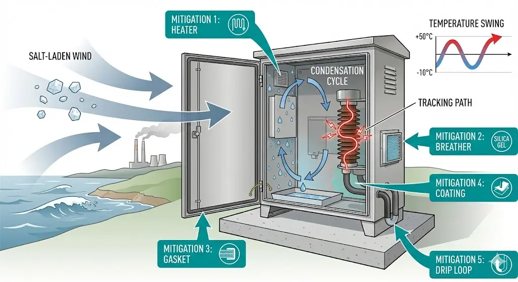 مخطط مخاطر حقل VCB في الهواء الطلق يوضح الضباب الملحي والتكثيف والتتبع والتخفيفات