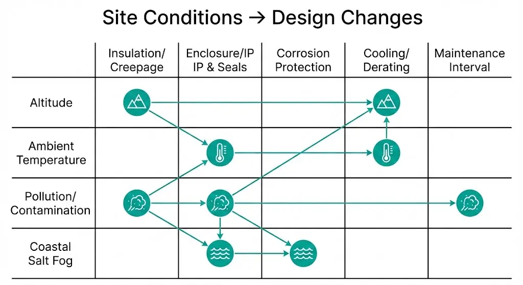 Matrix, die Standortbedingungen mit erforderlichen Anpassungen des VCB-Designs und Auswirkungen auf die Wartung verknüpft
