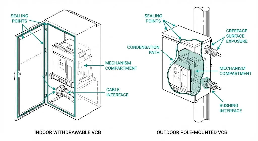 مقارنة مقطعية بين VCB القابل للسحب الداخلي و VCB المثبت على عمود خارجي مع توضيحات حول الختم والواجهة