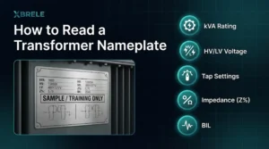 How to read a transformer nameplate guide cover image showing a sample nameplate and key parameters like kVA, voltage, taps, impedance and BIL