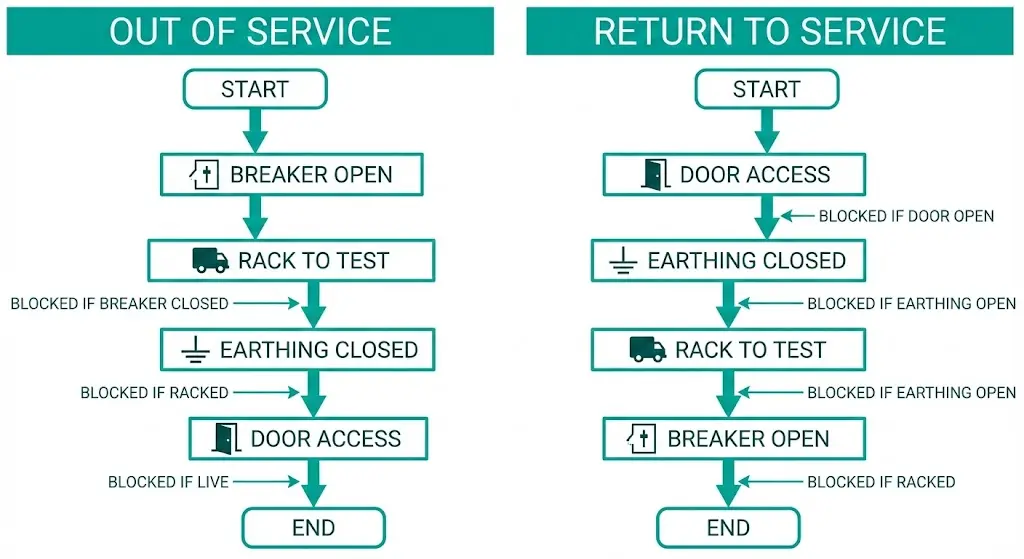 Diagrama de flujo de la secuencia de enclavamiento del equipo de conmutación MV para la puesta fuera de servicio y la vuelta al servicio.