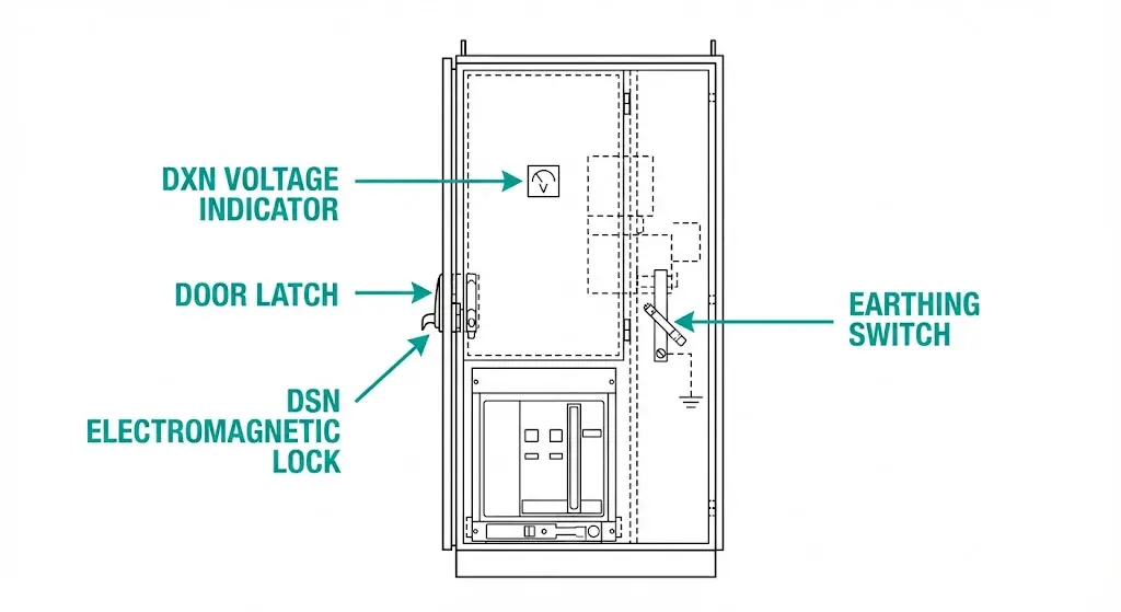 Enclavamientos de seguridad para aparatos de conexión de media tensión que muestran una lógica de cinco prevenciones con bloqueo DSN e indicador de tensión DXN.