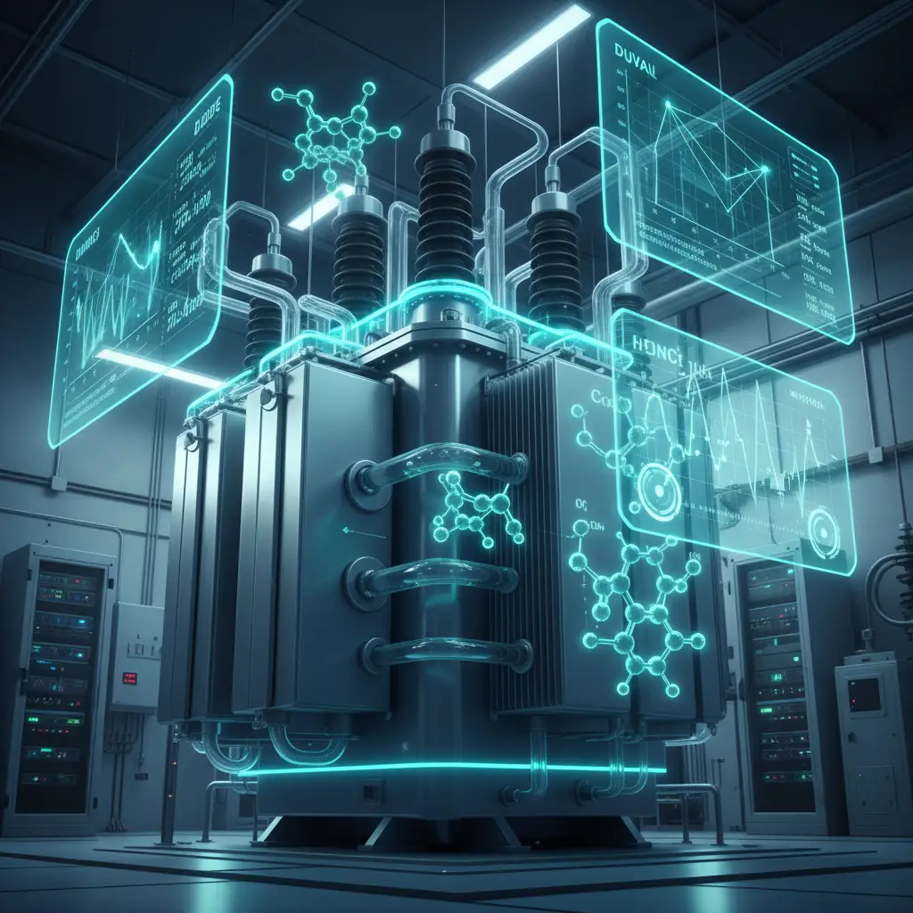 Technisches Whitepaper zu XBRELE-Transformatorenöl Titelbild: Ein moderner Leistungstransformator mit leuchtenden Molekülstrukturen und holografischen Diagnosedaten, der für fortschrittliche Molekulartechnik für das Asset Management und die Netzstabilität in HGÜ- und Erneuerbare-Energien-Systemen steht.
