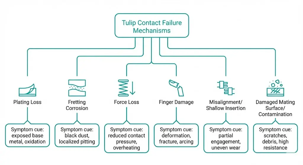 شجرة آليات الفشل للتسخين التلامسي للزنبق: الطلاء، الاحتكاك، فقدان القوة، واختلال المحاذاة