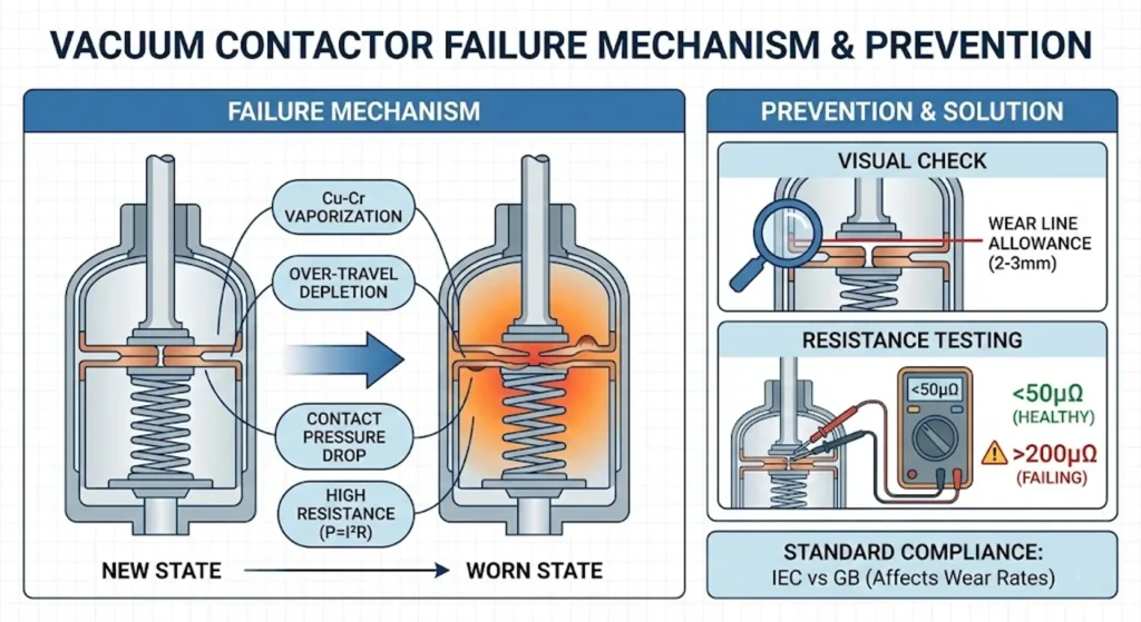  Comparación entre un contacto de vacío nuevo y un contacto desgastado con marcas de erosión por arco eléctrico.