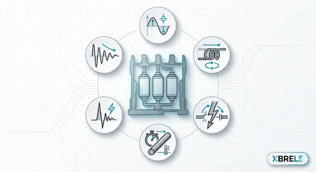 XBRELE-style infographic cover explaining vacuum circuit breaker ratings kV A kA BIL TRV and Icw