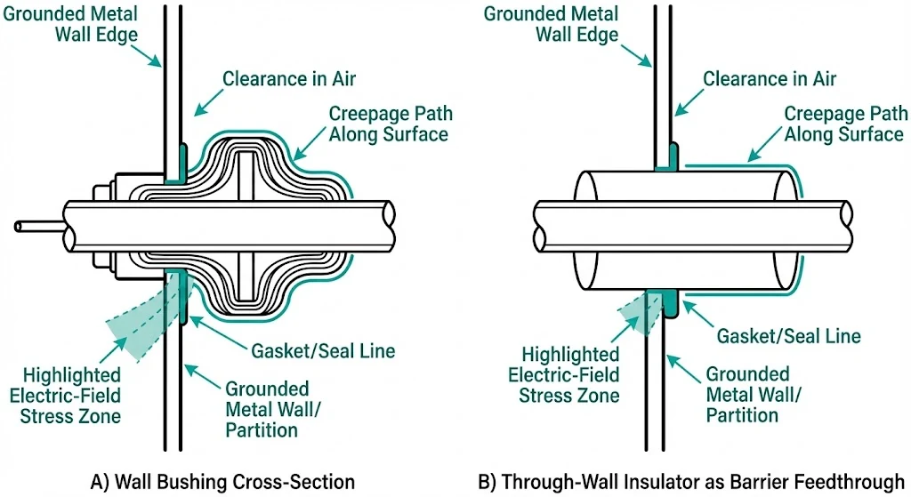 Cross-section comparing a wall bushing and a through-wall insulator in a grounded partition