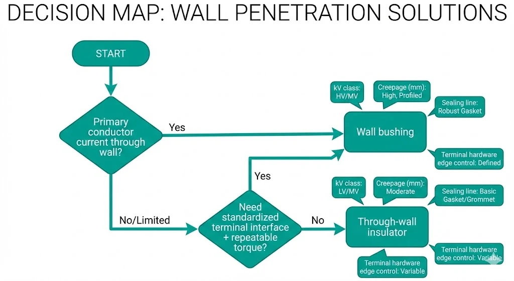 Decision flowchart for choosing wall bushing vs through-wall insulator