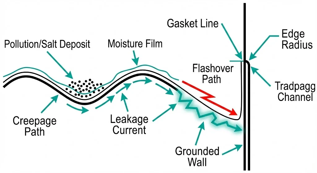 Contamination and condensation creating surface leakage and tracking at a wall penetration