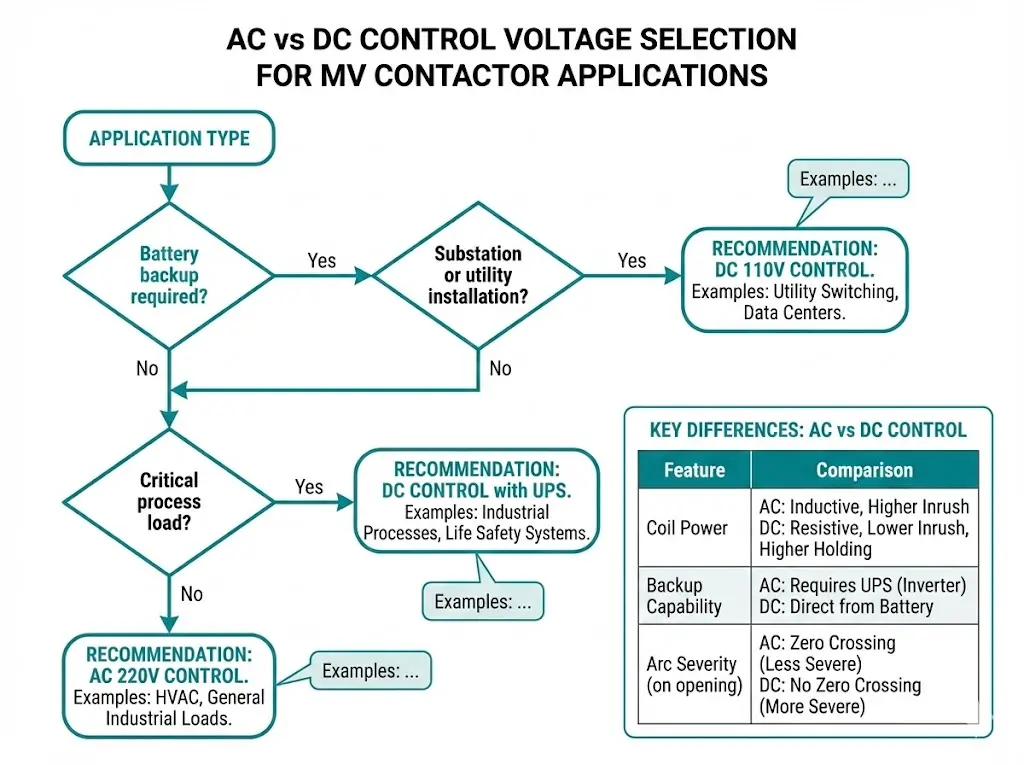 AC vs DC control voltage selection flowchart for MV contactor applications based on backup and criticality