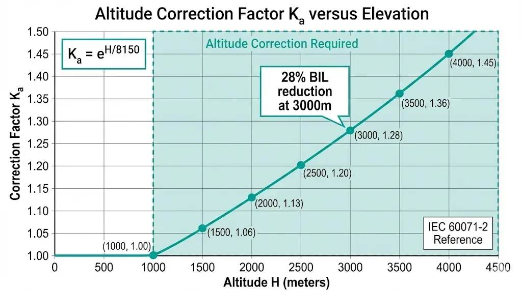 Altitude correction factor graph showing BIL derating from K_a 1.0 at 1000m to 1.45 at 4000m per IEC 60071-2 formula