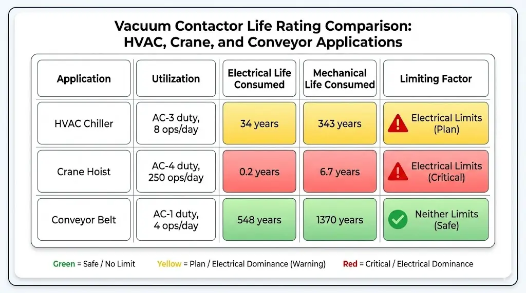 Application matrix comparing HVAC crane and conveyor showing electrical life dominates AC-3 AC-4 duty while AC-1 resistive loads exceed both ratings