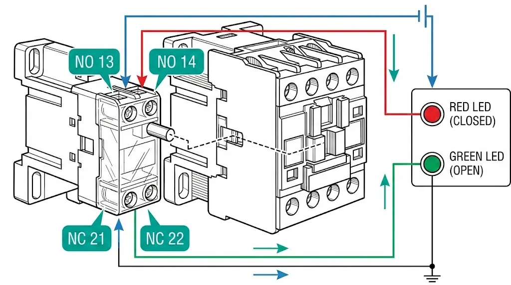 एनओ और एनसी टर्मिनल जोड़ों वाला सहायक संपर्क ब्लॉक और स्विचगियर पैनल पर स्थिति संकेतक एलईडी के लिए वायरिंग कनेक्शन