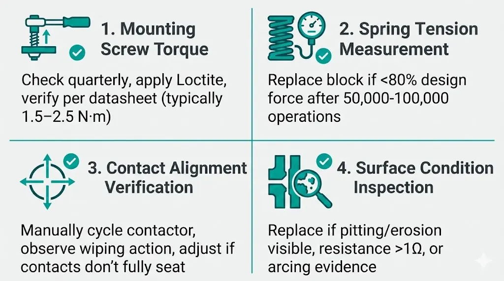 Auxiliary contact maintenance checklist showing four inspection points mounting torque spring tension alignment and surface condition