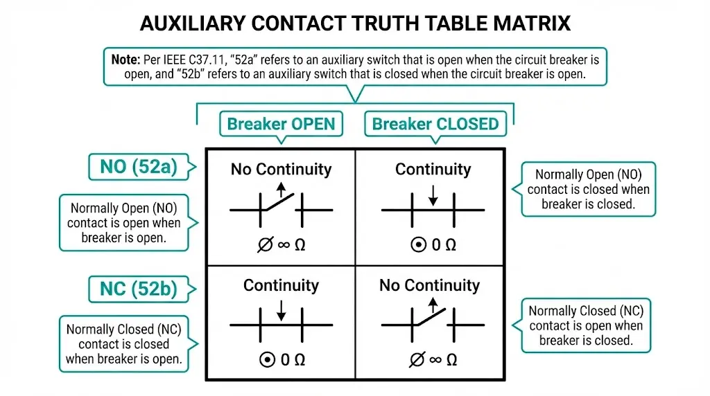 सत्य तालिका आरेख जो ब्रेकर के खुले और बंद स्थितियों के लिए NO और NC सहायक संपर्क की निरंतरता स्थितियों को दर्शाता है।