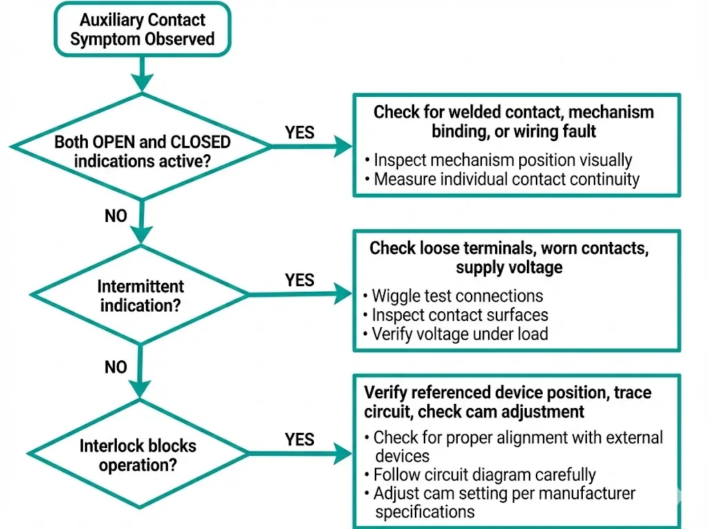 सहायक संपर्क विफलताओं के निदान के लिए प्रवाह आरेख, जिसमें संकेत विसंगति और आकस्मिक दोष लक्षण शामिल हैं।