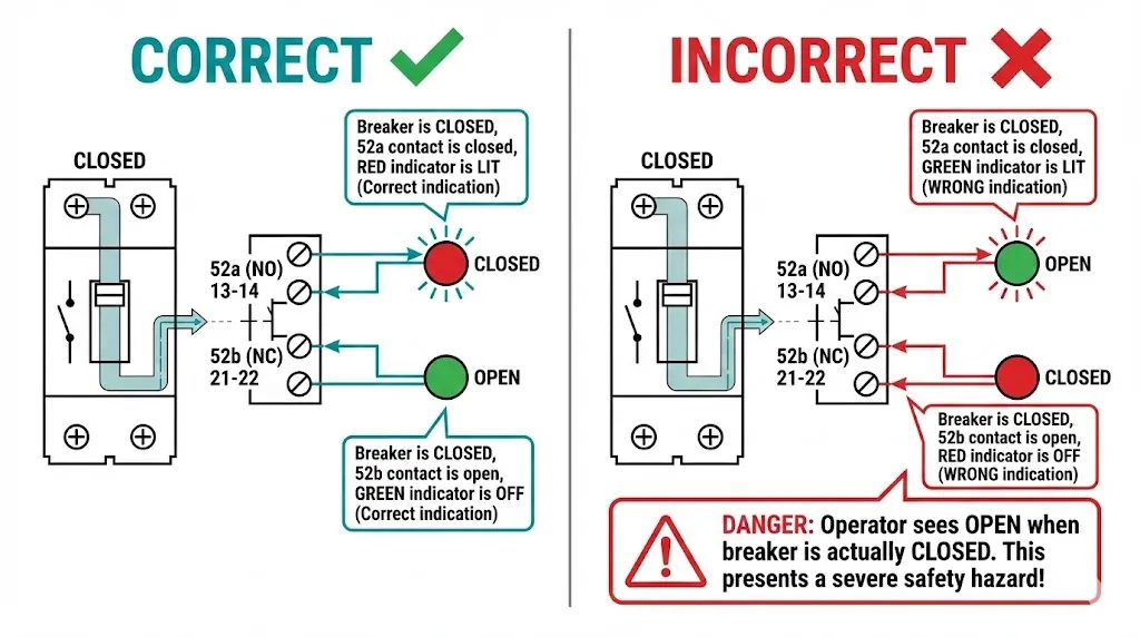 गलत और सही NO NC सहायक संपर्क वायरिंग को उल्टे संकेत परिणाम के साथ दिखाते हुए साइड-बाय-साइड तुलना