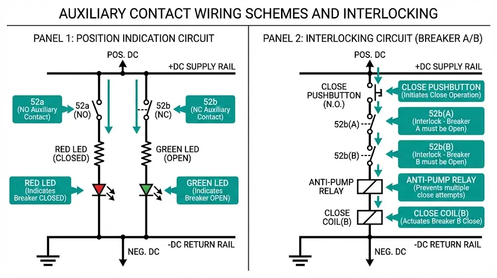 पद संकेतक एलईडी के लिए सहायक संपर्क वायरिंग और दो सर्किट ब्रेकरों के बीच विद्युत अंतर-लॉकिंग दिखाने वाला लैडर डायग्राम