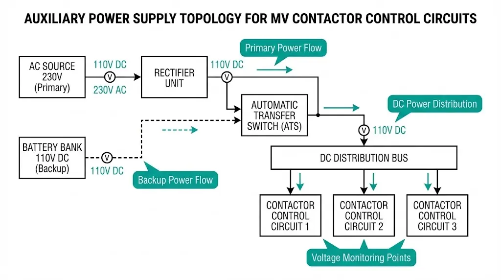Auxiliary power supply block diagram for MV contactor control with battery backup and automatic transfer