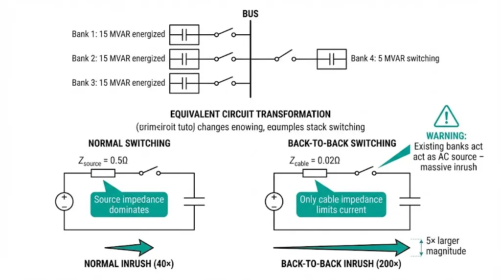 Vektordiagramm zur Schaltung von hintereinandergeschalteten Kondensatorbänken, das zeigt, wie die Einschaltstromstöße bei unter Spannung stehenden Bänken von 40× auf 200× des Nennstroms ansteigen.