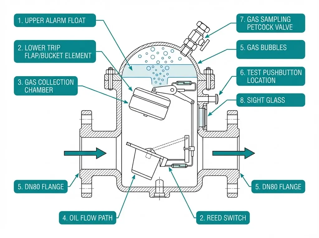 Coupe transversale interne du relais Buchholz montrant l'élément de déclenchement du flotteur d'alarme, la chambre de collecte des gaz et le circuit d'écoulement de l'huile avec les composants étiquetés.