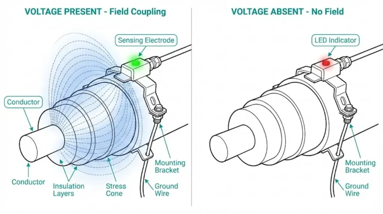 Capacitive voltage sensor operating principle showing electric field coupling to energized MV cable conductor with LED indication