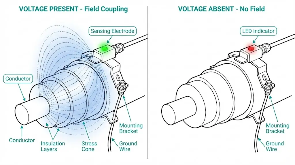 Principio di funzionamento del sensore di tensione capacitivo che mostra l'accoppiamento del campo elettrico al conduttore del cavo MT sotto tensione con indicazione LED