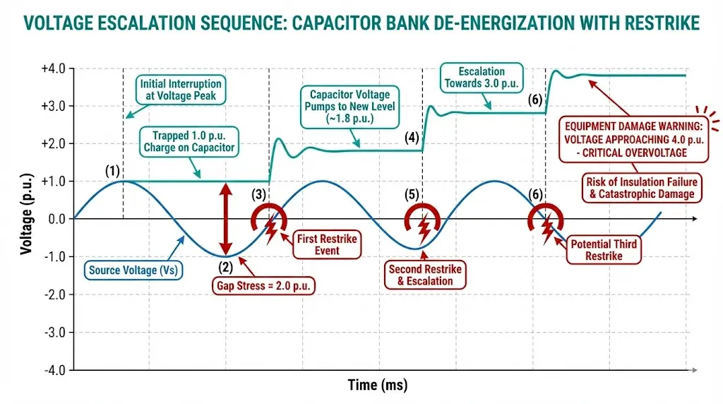 Capacitor bank restrike voltage escalation diagram showing progression from 2.0 to 4.0 per-unit during de-energization