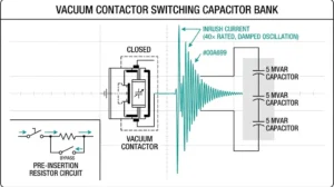 Vacuum contactor switching capacitor bank showing inrush current waveform with 40× rated magnitude and oscilloscope trace