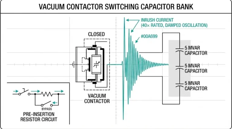 Vacuum contactor switching capacitor bank showing inrush current waveform with 40× rated magnitude and oscilloscope trace