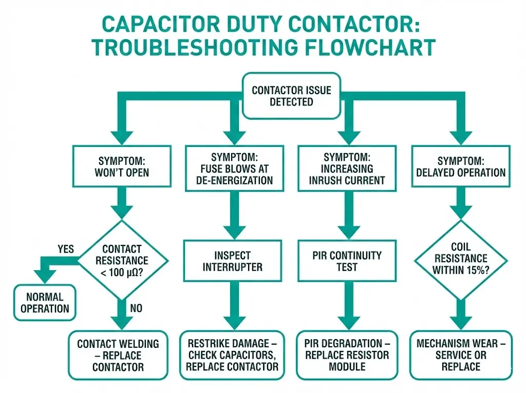 Diagnostic flowchart for capacitor contactor troubleshooting showing symptom identification through cause analysis to maintenance action
