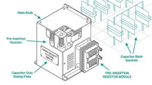 Capacitor duty vacuum contactor with integrated pre-insertion resistor module for power factor correction bank switching