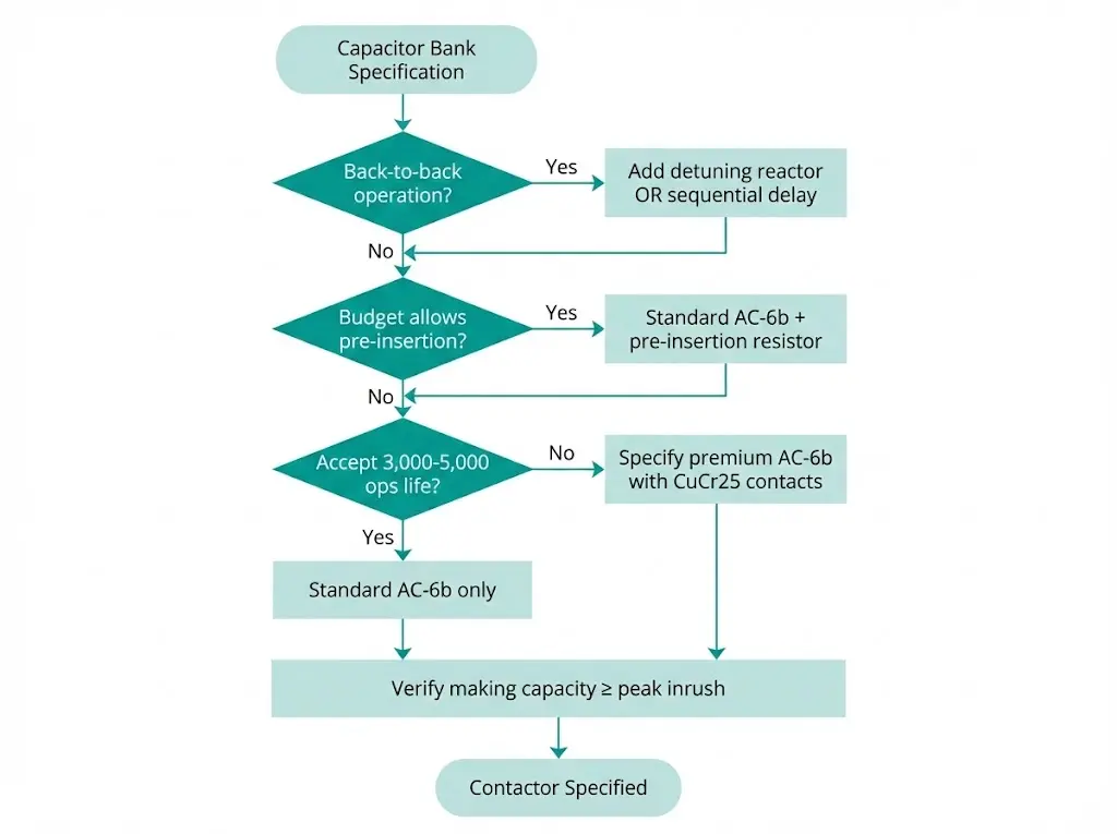 Auswahlflussdiagramm für Vakuumschütze für Kondensatorbänke mit AC-6b-Nennleistung, Vorwiderstand und Entscheidungen zum Back-to-Back-Betrieb