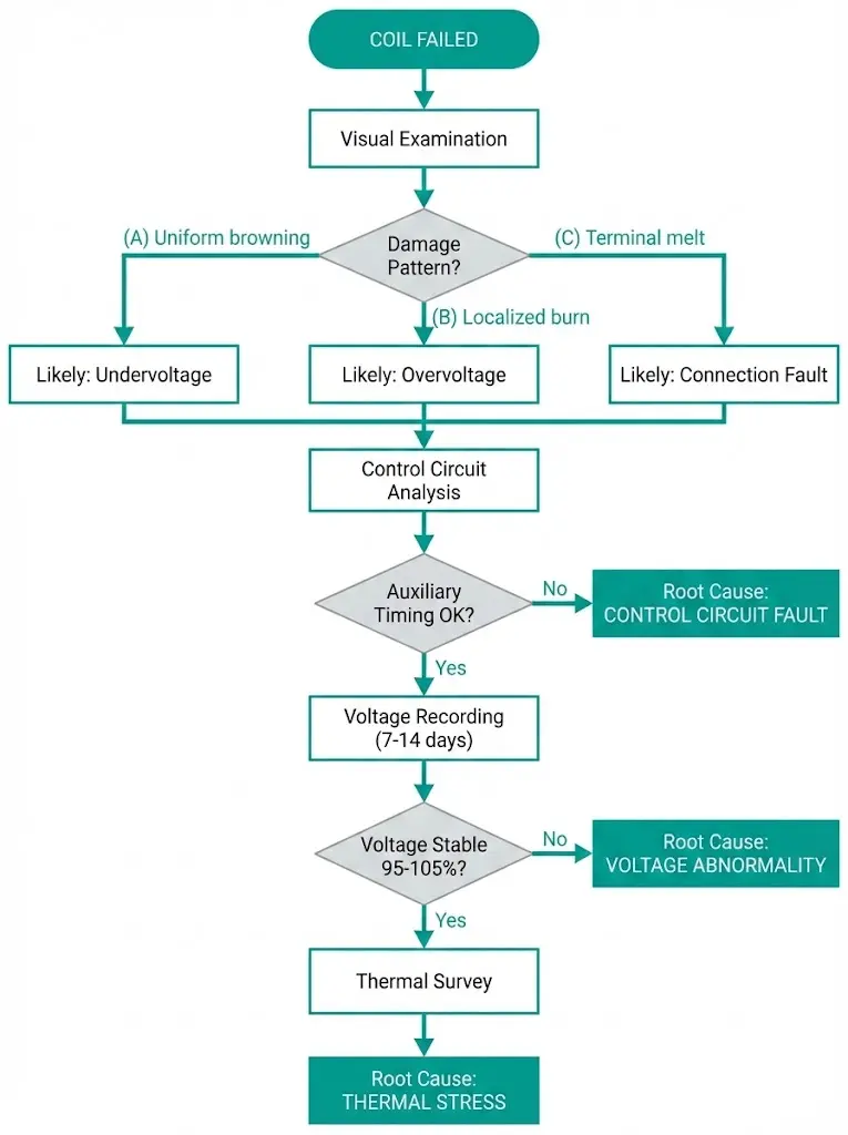 Diagnostic flowchart for coil burnout analysis showing four-step decision tree from visual examination through voltage recording to root cause identification