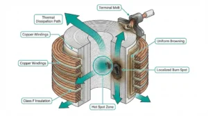 Operating coil cross-section showing thermal degradation zones, copper windings, insulation layers, and failure mode indicators for burnout diagnosis