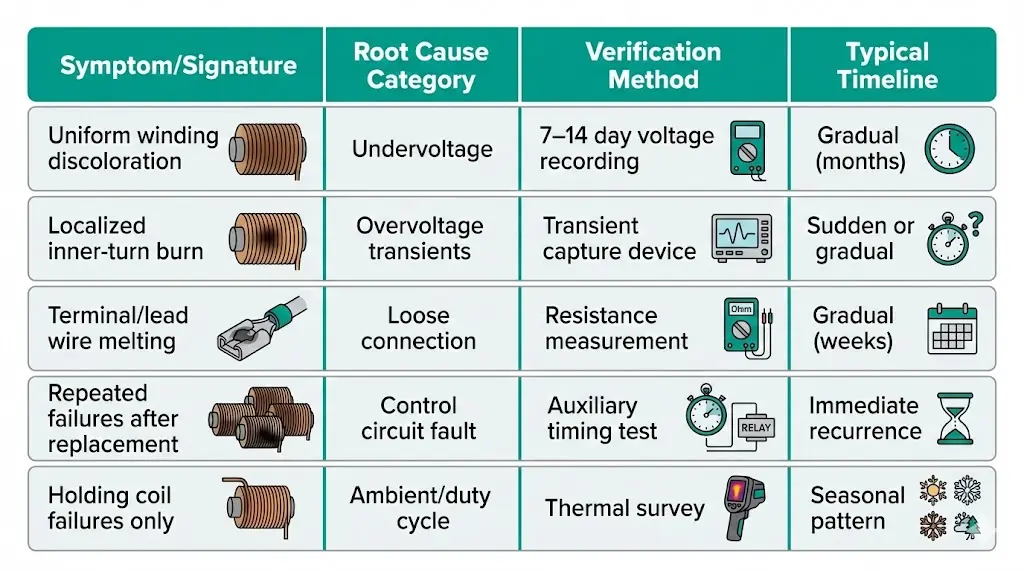 Visual comparison table matching coil failure symptoms to root causes including uniform discoloration, localized burns, terminal melting, and repeated failures