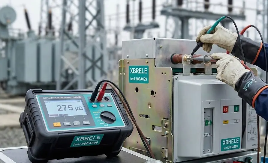 Contact wear measurement setup with DLRO micro-ohm tester connected to vacuum circuit breaker bushing terminals showing resistance reading