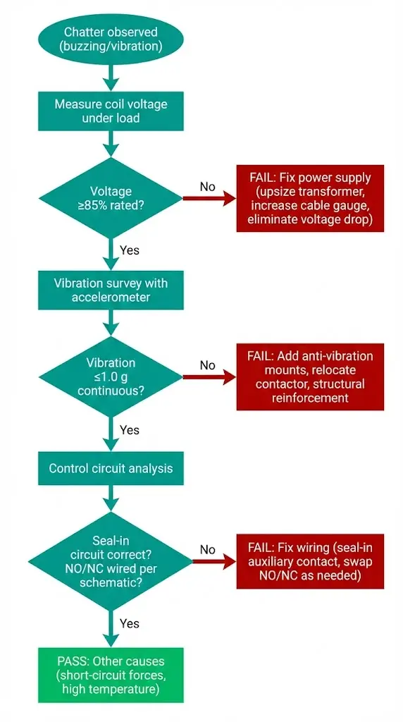 Flowchart showing three-step contactor chatter troubleshooting sequence voltage vibration and control logic diagnostics