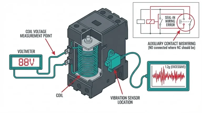 Vacuum contactor chatter troubleshooting setup showing voltmeter coil measurement vibration sensor and control circuit wiring diagnosis