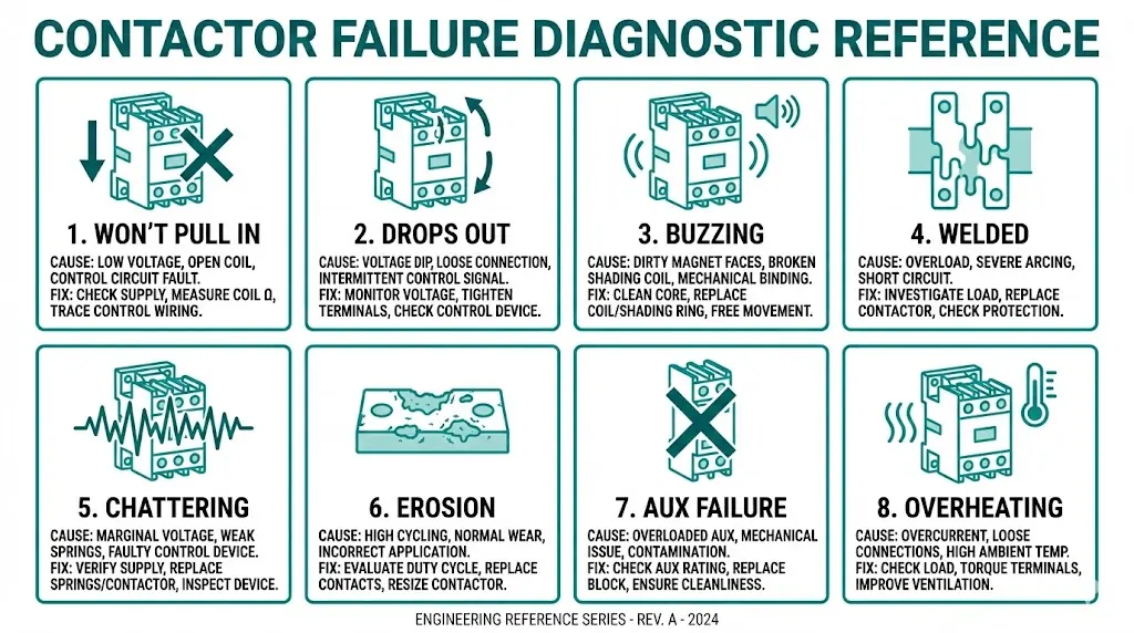 Contactor diagnostic reference card with symptom icons showing eight common failure modes and corrective actions
