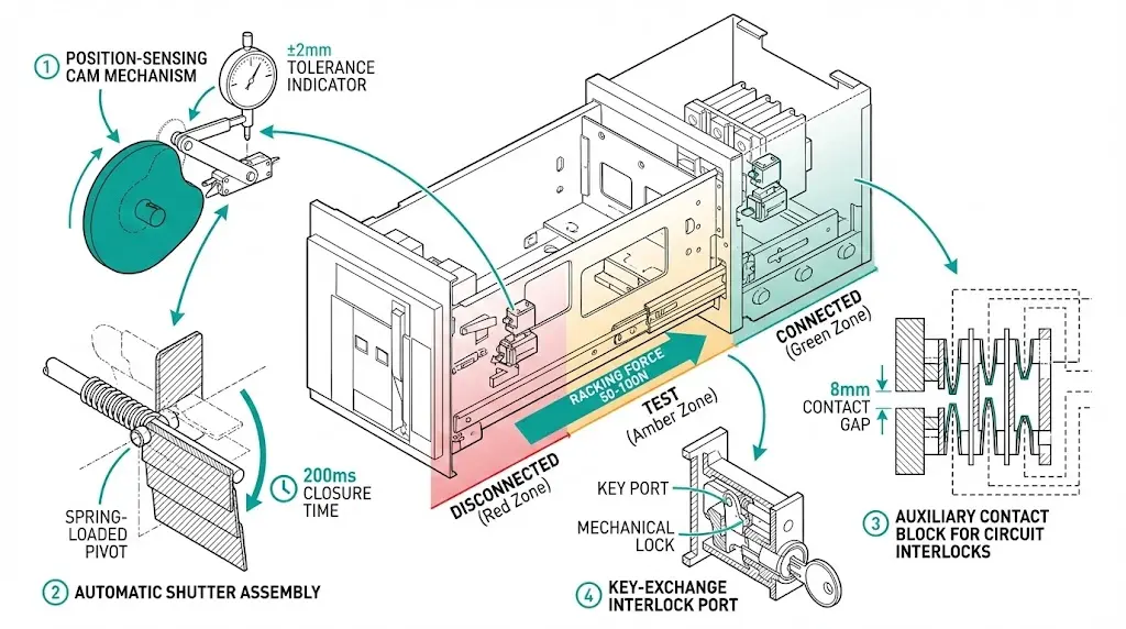 Cutaway diagram of contactor drawer interlock system showing position-sensing cams, automatic shutter mechanism, and auxiliary contact arrangement