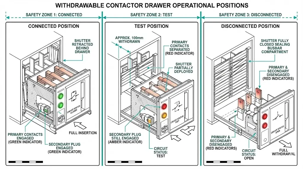 Diagram comparing withdrawable contactor drawer connected, test, and disconnected positions with primary and secondary circuit status indicators
